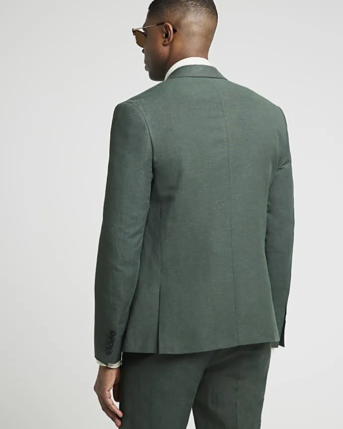 Green slim fit linen suit jacket