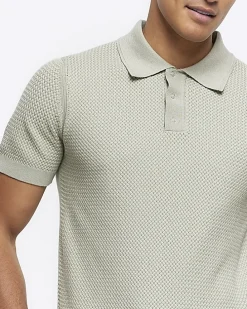 Green slim fit textured knit polo