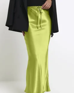 Green tie waist midi skirt