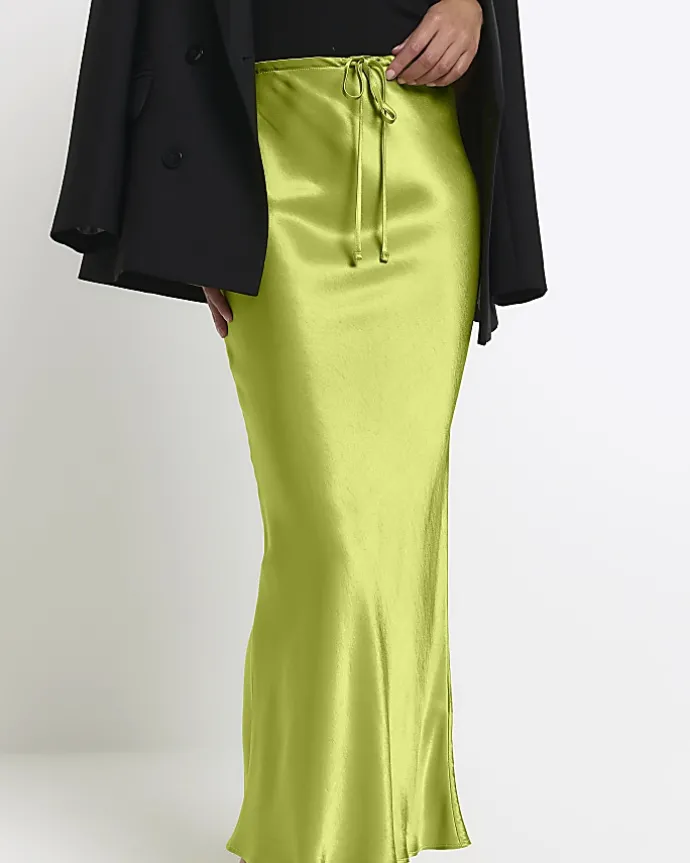 Green tie waist midi skirt