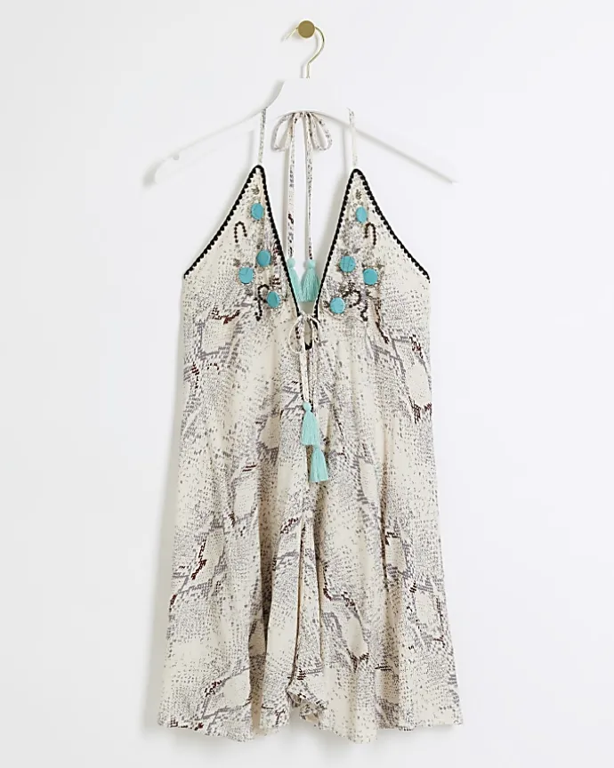 Grey animal print plunge beach mini dress