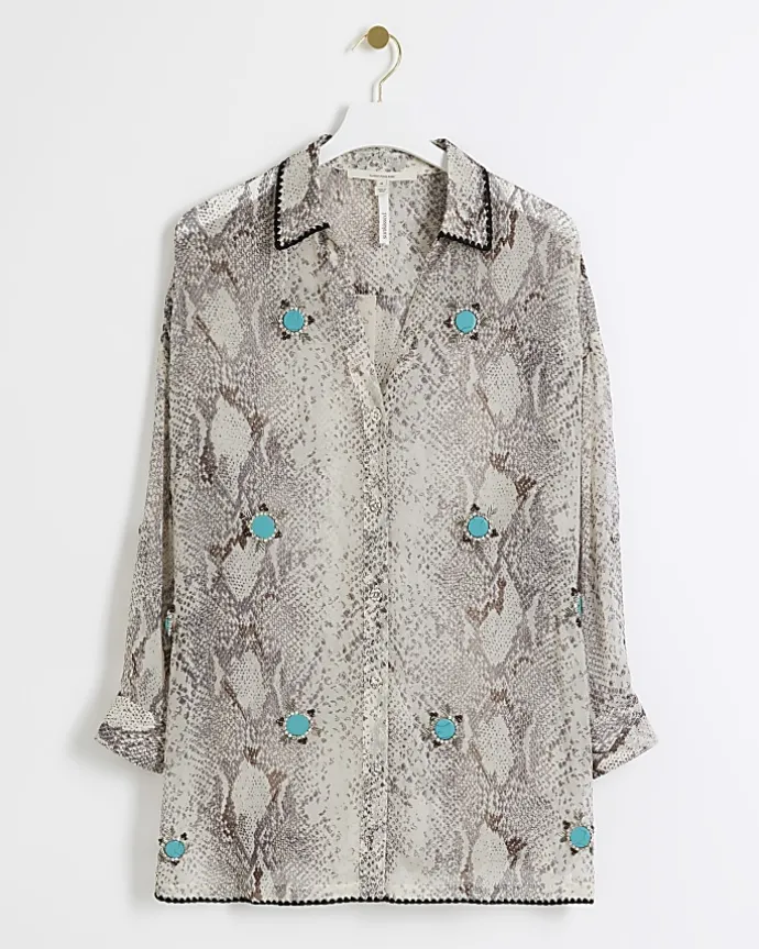 Grey animal print sheer beach shirt