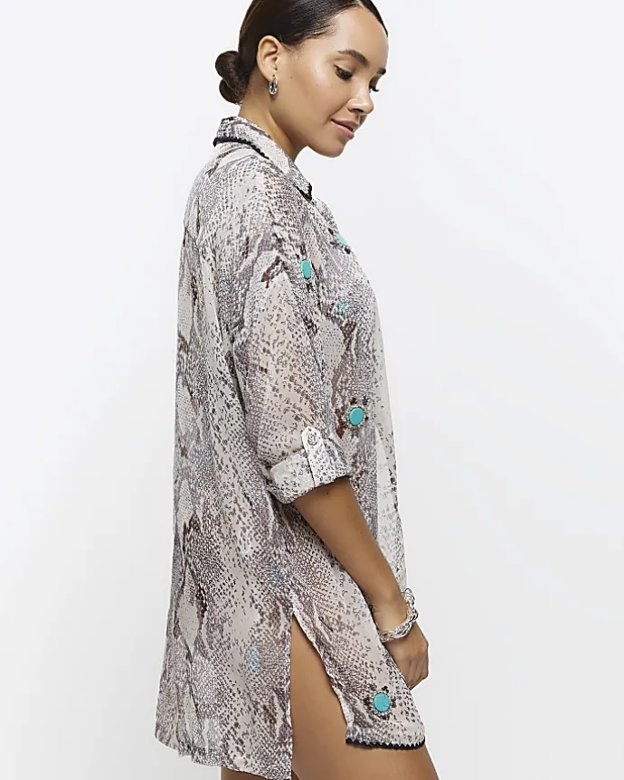 Grey animal print sheer beach shirt