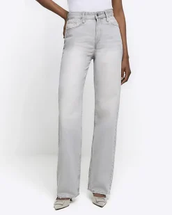 Grey faded high waist relaxed straight jeans