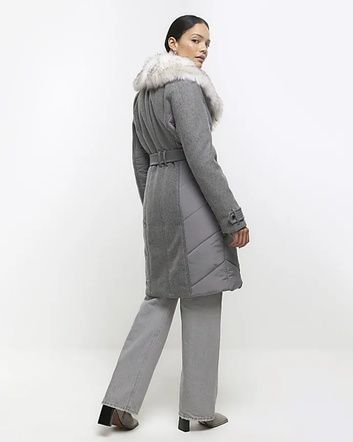 Grey faux fur collar belted jacket