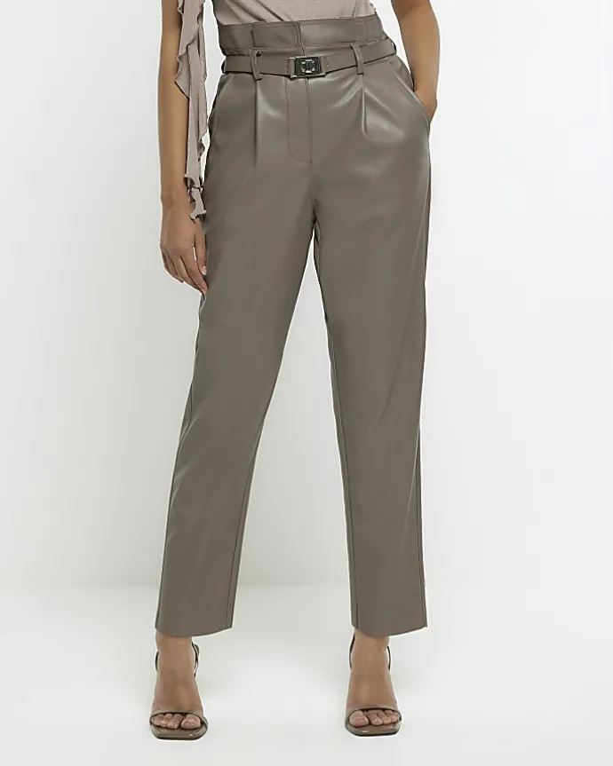 Grey faux leather belted paperbag trousers