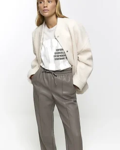 Grey faux leather wide leg trousers