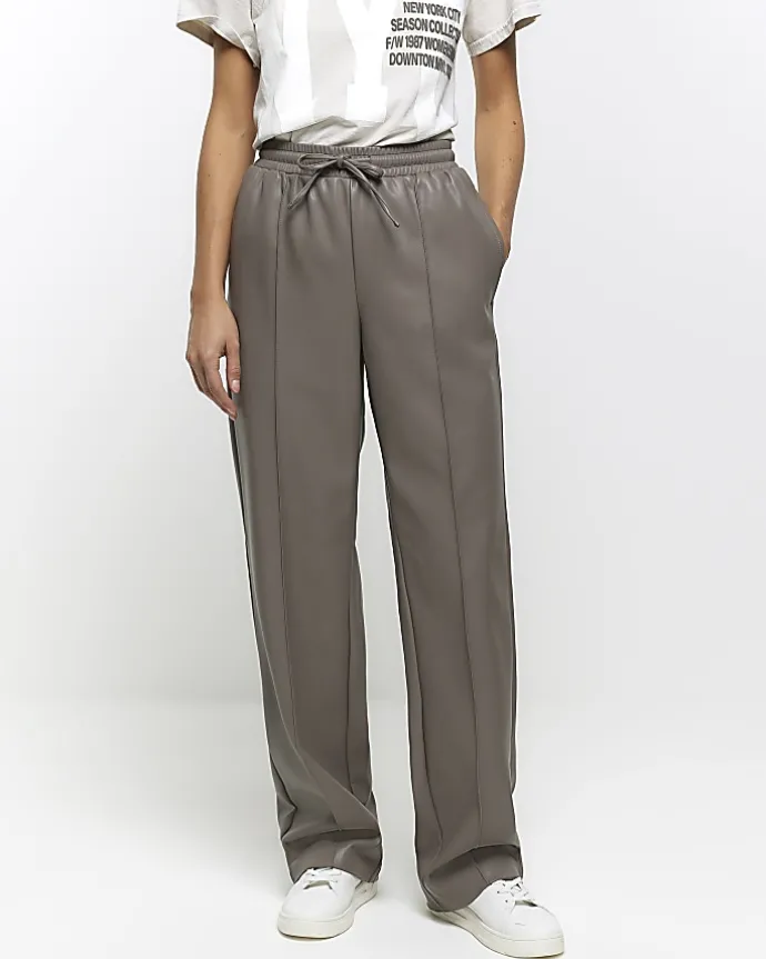 Grey faux leather wide leg trousers