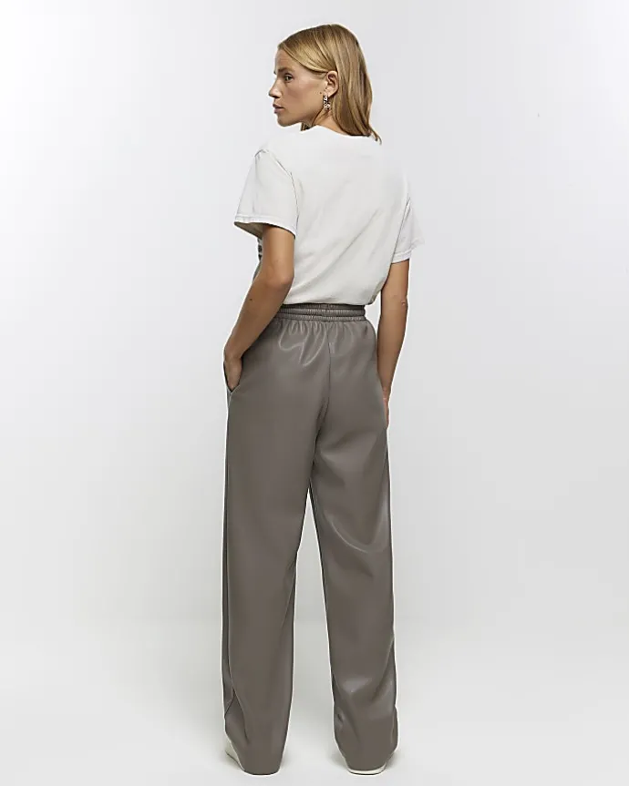 Grey faux leather wide leg trousers