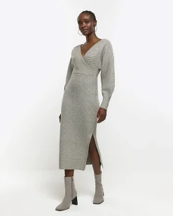 Grey knit wrap jumper midi dress