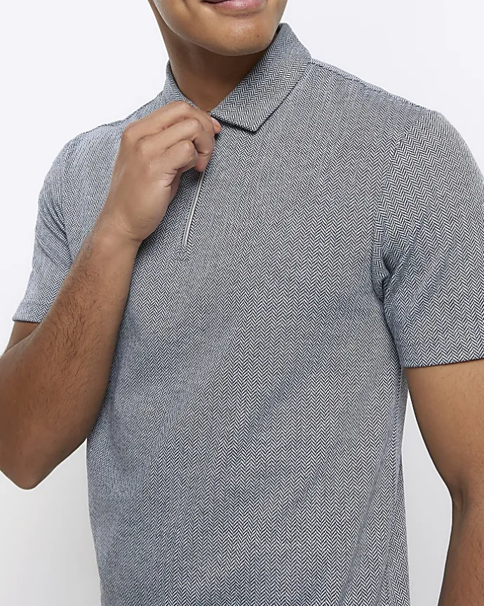 Grey regular fit Herringbone half zip polo