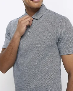 Grey regular fit Herringbone half zip polo