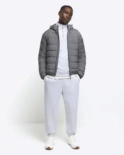Grey regular fit hooded puffer jacket