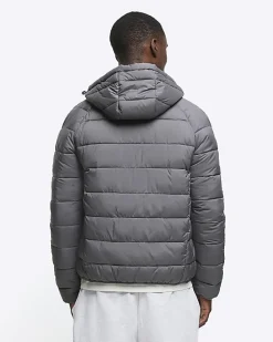 Grey regular fit hooded puffer jacket