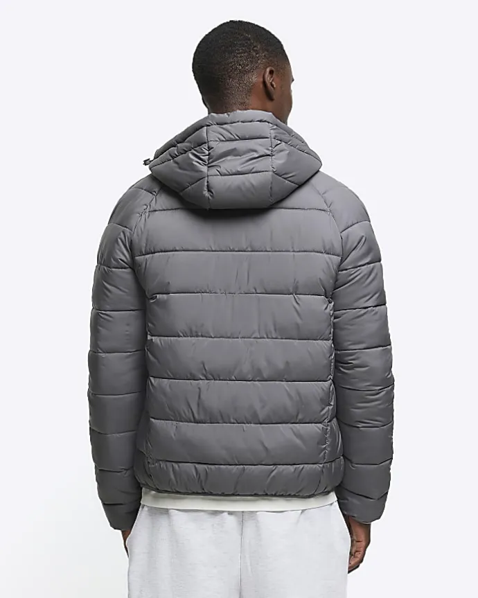Grey regular fit hooded puffer jacket