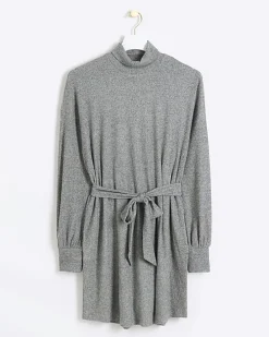 Grey rib belted jumper mini dress