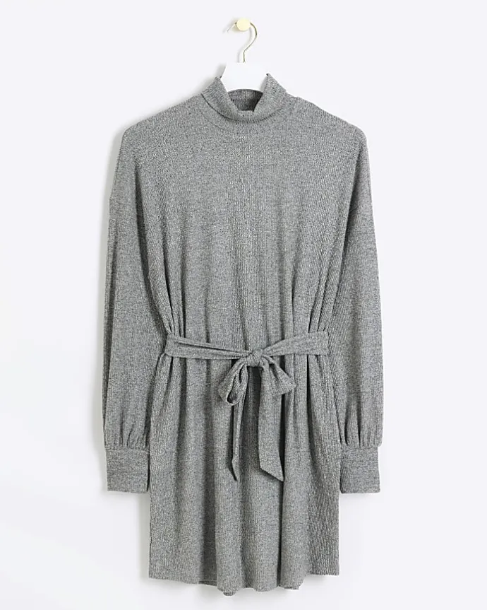 Grey rib belted jumper mini dress