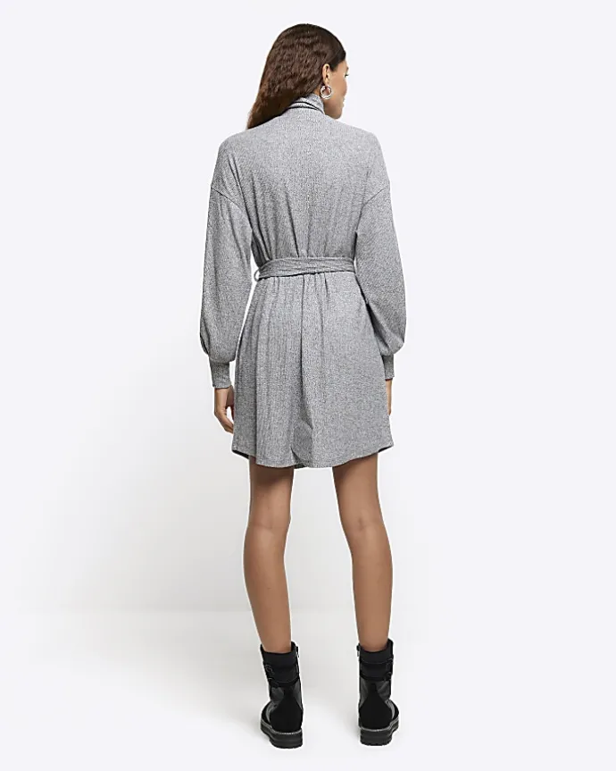 Grey rib belted jumper mini dress
