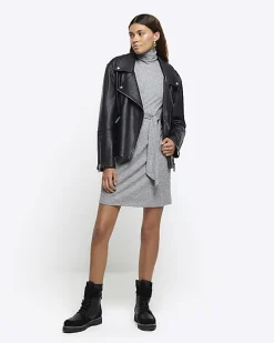 Grey rib belted jumper mini dress