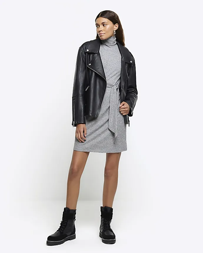 Grey rib belted jumper mini dress
