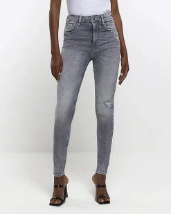 Grey ripped high waisted super skinny jeans