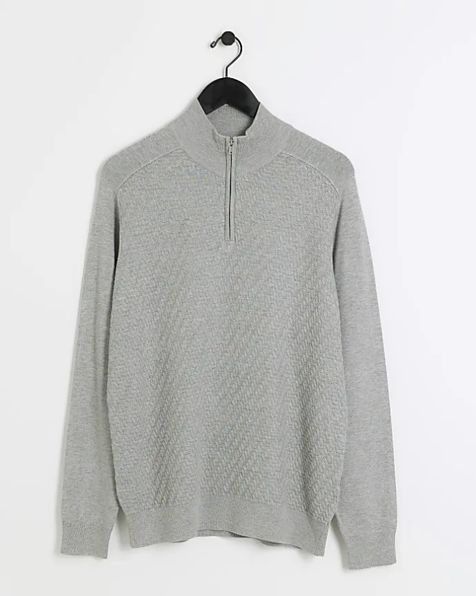 Grey slim fit diagonal half zip jumper