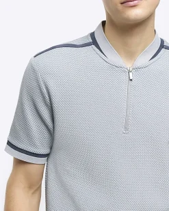 Grey slim fit taped baseball collar polo