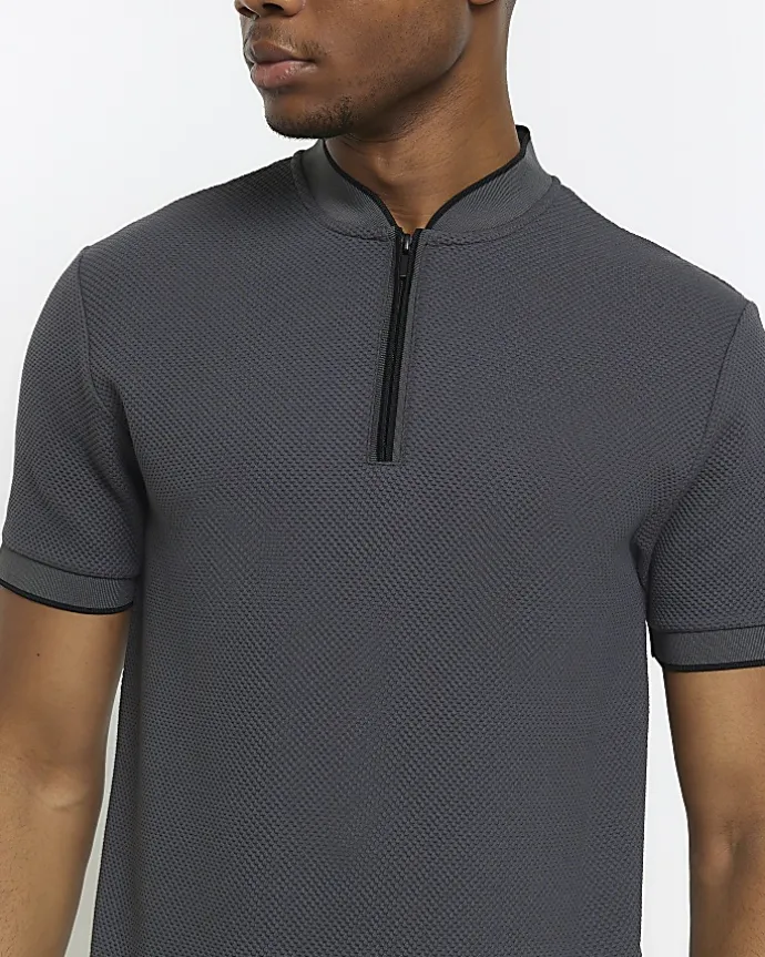 Grey slim fit textured baseball polo