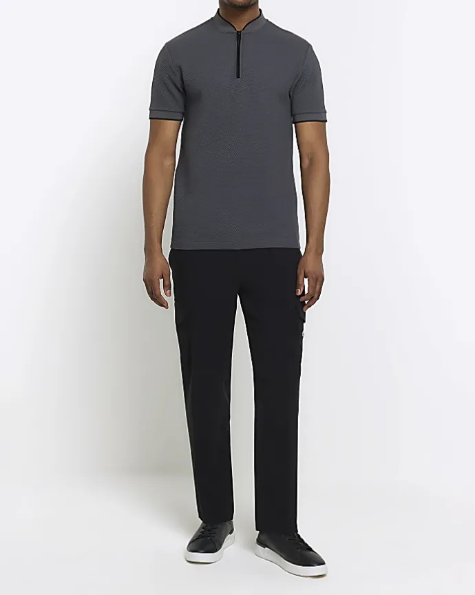 Grey slim fit textured baseball polo