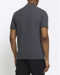 Grey slim fit textured baseball polo