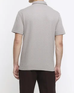 Grey slim fit weave jacquard polo