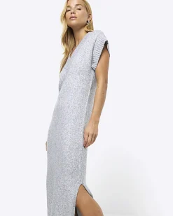 Grey split hem jumper midi dress