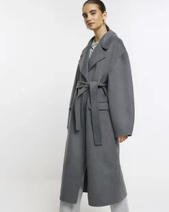 Grey wool blend belted coat