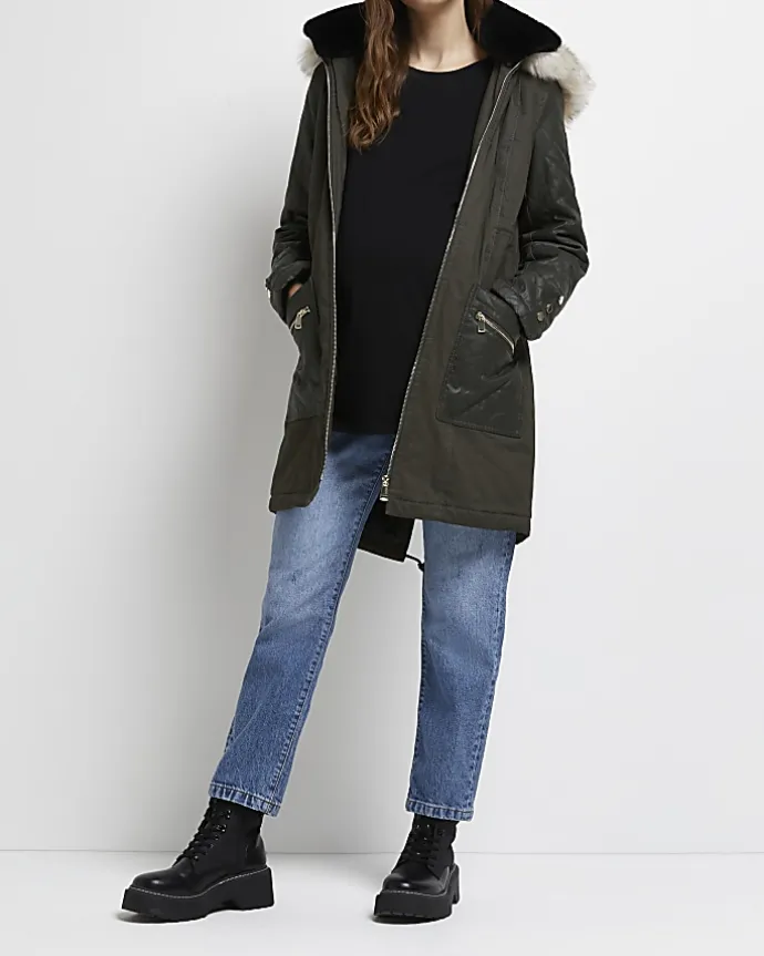 Khaki 3 in 1 maternity hooded parka coat
