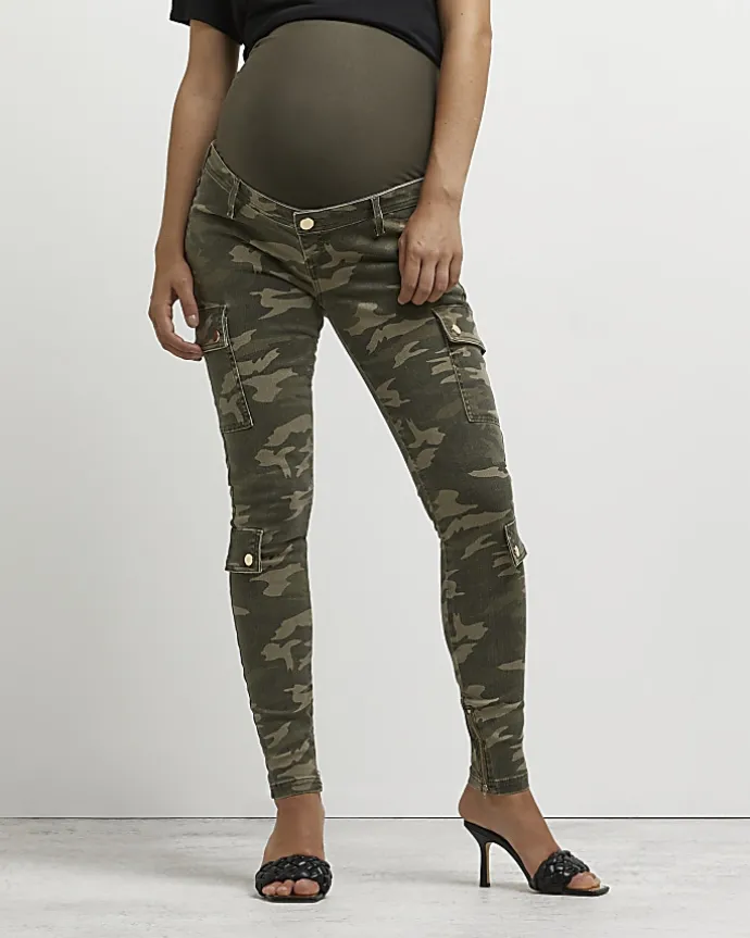Khaki camo print maternity cargo trousers