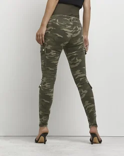 Khaki camo print maternity cargo trousers