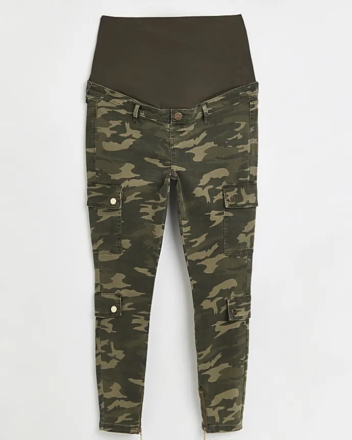 Khaki camo print maternity cargo trousers