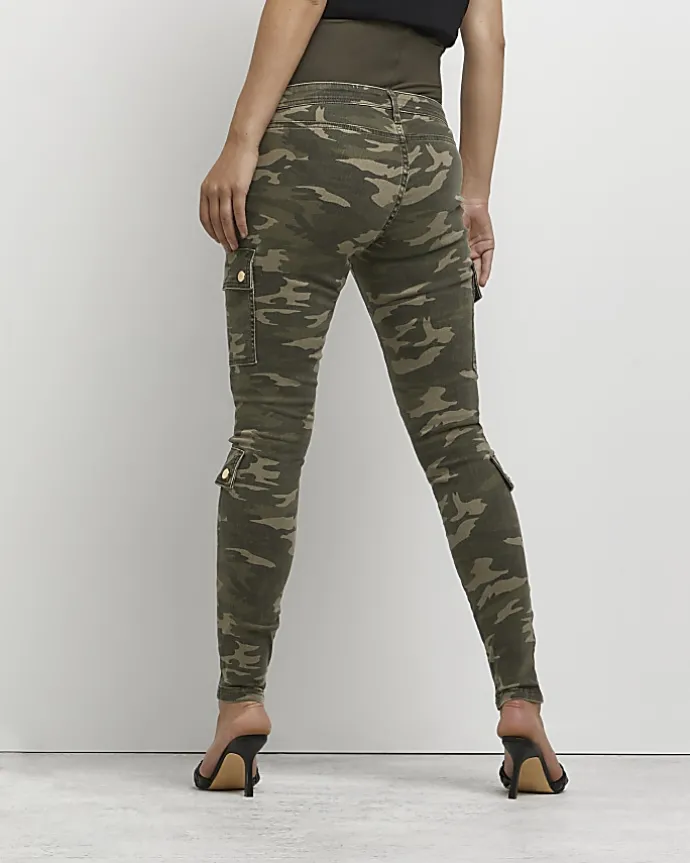 Khaki camo print maternity cargo trousers