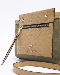 Khaki canvas embossed RI cross body bag