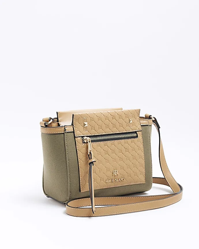 Khaki canvas embossed RI cross body bag