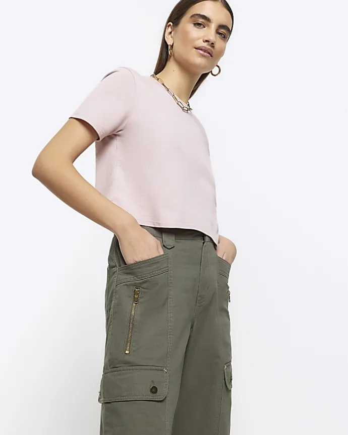 Khaki cargo crop wide leg trousers