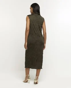 Khaki crinkle high neck bodycon midi dress