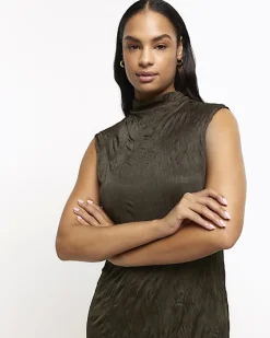 Khaki crinkle high neck bodycon midi dress