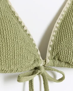 Khaki crinkle stitch triangle bikini top