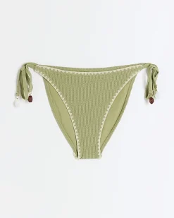 Khaki crinkle tie side bikini bottoms