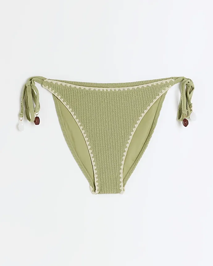Khaki crinkle tie side bikini bottoms