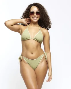 Khaki crinkle tie side bikini bottoms