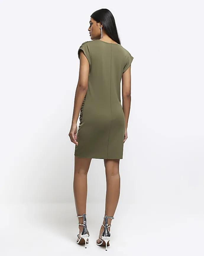 Khaki drape wrap bodycon mini dress