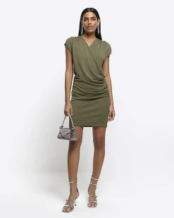 Khaki drape wrap bodycon mini dress