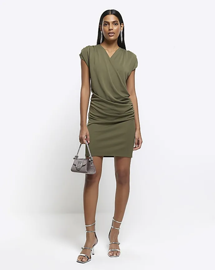 Khaki drape wrap bodycon mini dress